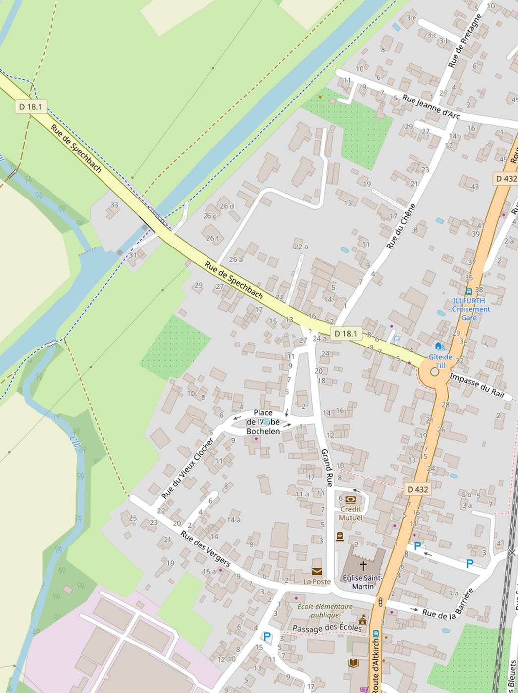Plan d’Illfurth : tracé piéton de l’école élémentaire à la digue, l’écluse, le halage, la rue du Chêne, le rond-point et la place Bochelen